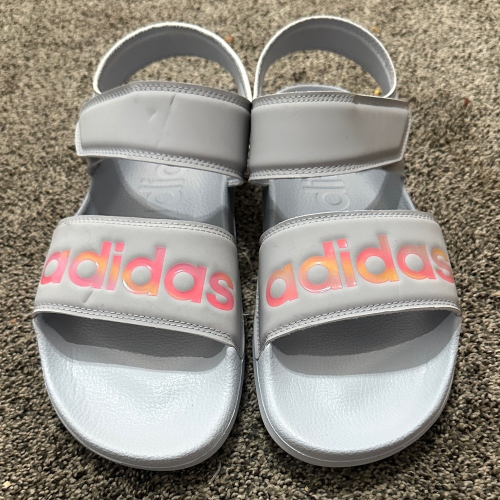 Adidas Adilette Women's Sandals - Gray with Pink and Orange Accents Sz 8